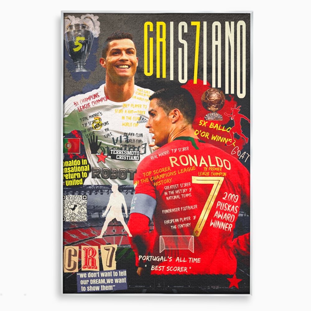Tablou canvas cu tablou canvas cu cristiano ronaldo, in rama de aluminiu argintiu
